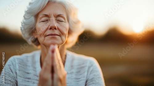 An elderly woman peacefully meditates outdoors with eyes closed at sunset, embodying tranquility and wisdom through serene expressions and relaxed posture. photo