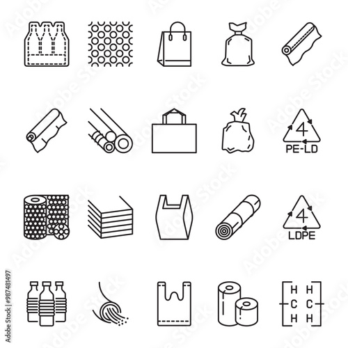  Low density polyethylene flat line icons. LDPE products - food package film, thermoresistant paper, garbage bag, plastic bottle, bubble wrap vector illustrations