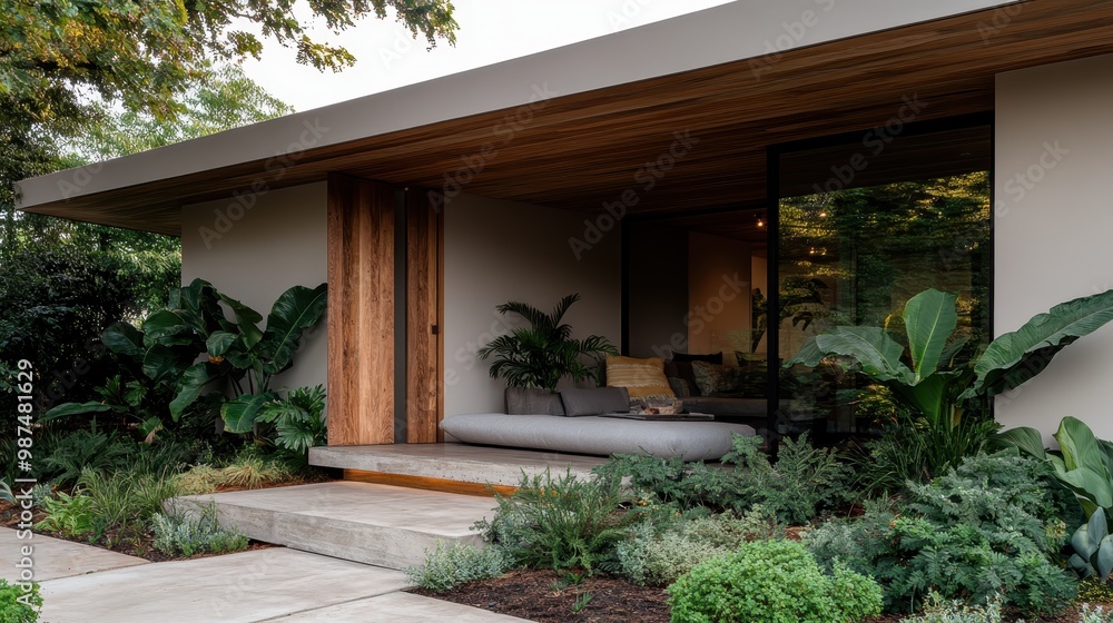 A contemporary house entrance adorned with lush green plants, providing a welcoming and serene ambiance that emphasizes the harmonious blend of indoor and outdoor spaces. A contemporary house entrance adorned with lush green plants, providing a welcoming and serene ambiance that emphasizes the harmonious blend of indoor and outdoor spaces.