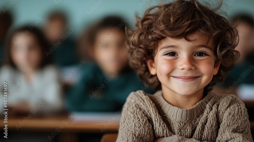 A cheerful young boy with curly hair beams with a vibrant smile, surrounded by classmates in a lively educational environment, celebrating childhood joy. A cheerful young boy with curly hair beams with a vibrant smile, surrounded by classmates in a lively educational environment, celebrating childhood joy.