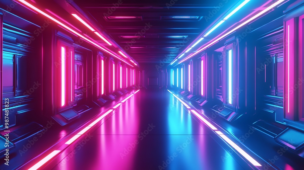 Futuristic hallway with pink and blue neon lights. Futuristic hallway with pink and blue neon lights.