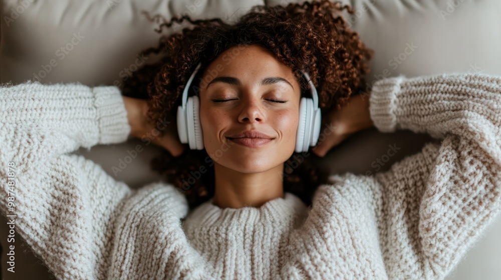 A woman lies back, enjoying music through her headphones in a peaceful manner, reflecting an experience of enjoyment and calmness in her personal space. A woman lies back, enjoying music through her headphones in a peaceful manner, reflecting an experience of enjoyment and calmness in her personal space.