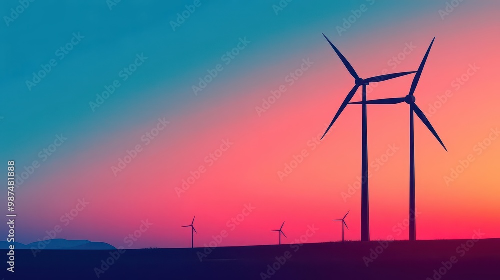 Fototapeta premium Electric wind farm in sunset, modern energy landscape, flat design illustration