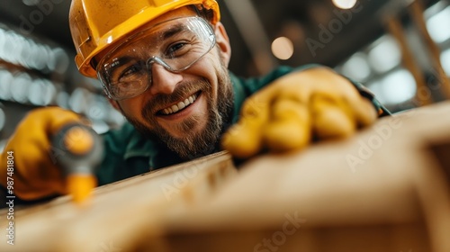 A worker intensely focused on drilling a piece of wood, ensured by safety gear including gloves and helmet, emphasizing skill, safety, and craftsmanship in a workshop environment. photo