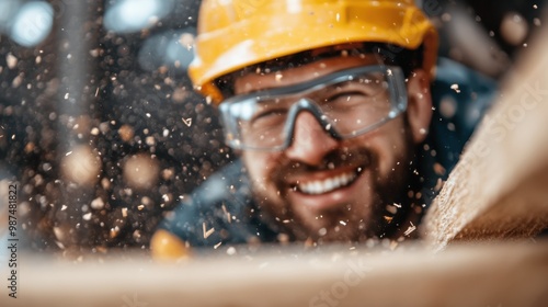 The image showcases a worker who is drilling with a yellow helmet on, creating a burst of wood dust, reflecting vigorous action, safety adherence, and focused craftsmanship. photo