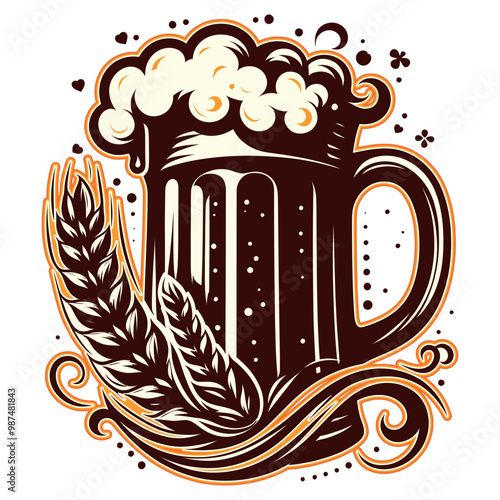 Beer mug with foam and barley sheaf illustration vector