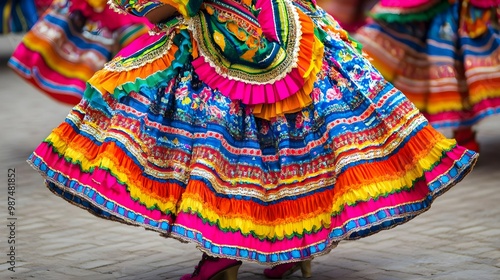 Vibrant traditional dress in motion, showcasing colorful patterns and intricate designs during a cultural dance celebration.