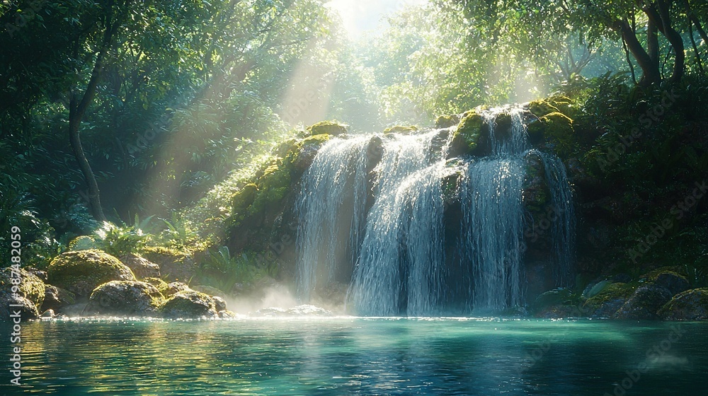 A waterfall cascading into a body of water, illuminated by sunlight filtering through the foliage beyond A waterfall cascading into a body of water, illuminated by sunlight filtering through the foliage beyond