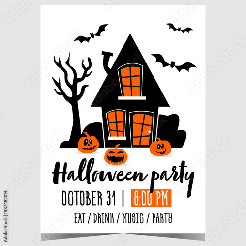 Halloween party banner with nightmare house, scary faced pumpkins and horrible bats. Vector poster or leaflet to invite to celebrate the All Saints' Eve with fun and entertainment events.