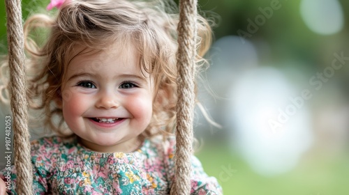 A cheerful child wearing a floral dress swings outdoors, radiating joy and innocence. This uplifting moment captures the essence of childhood playful spontaneity.