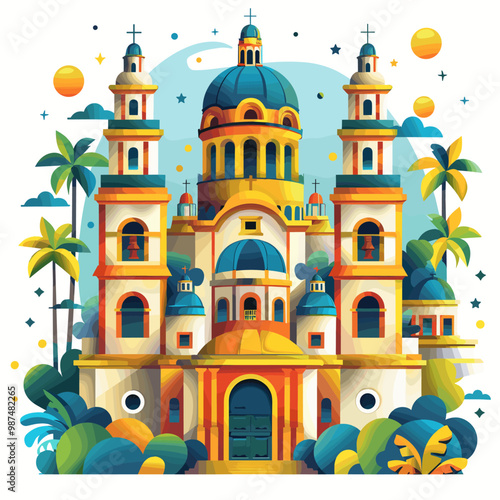 A colorful drawing of a church with palm trees in the background. The church is very large and has a blue dome