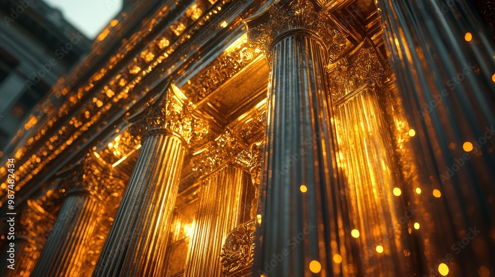 Obraz premium Golden Architecture Columns Luxury Interior Design Glowing Lights