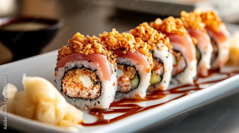 A plate of spicy tuna rolls topped with crispy tempura flakes and spicy mayo, placed on a table alongside soy sauce and pickled ginger. A plate of spicy tuna rolls topped with crispy tempura flakes and spicy mayo, placed on a table alongside soy sauce and pickled ginger.