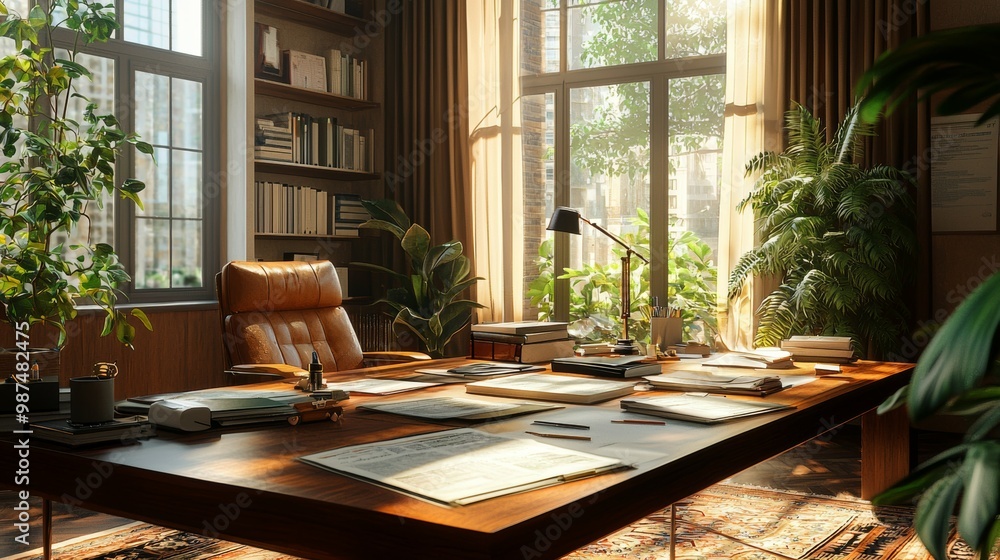 Fototapeta premium Modern Office Interior Design with Large Windows Plants and Desk