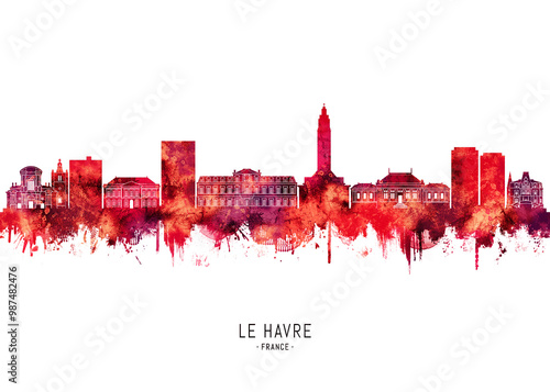 Canvas Print Le Havre France Skyline Red