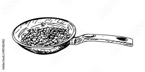 A detailed hand-drawn black and white illustration of a frying pan filled with chopped food. The minimalist line art style makes it ideal for vintage kitchenware designs, rustic culinary themes