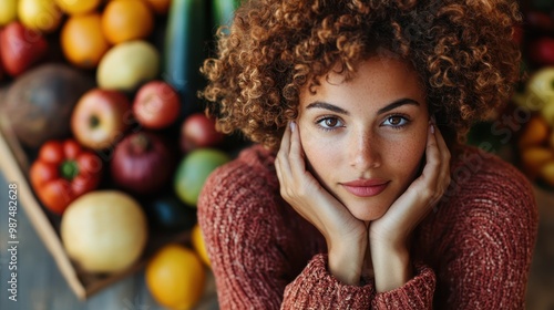 A young woman with curly hair sits indoors, hands on her cheeks, surrounded by an array of vibrant fresh produce, symbolizing health and sustainability. photo