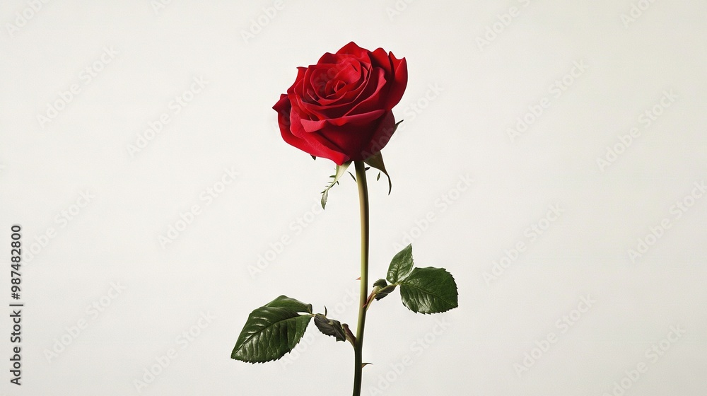 A lone crimson blossom rests atop emerald foliage on a pristine canvas, adorned with a dewdrop on the flower's base A lone crimson blossom rests atop emerald foliage on a pristine canvas, adorned with a dewdrop on the flower's base