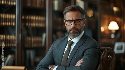 Confident Businessman Sitting in a Leather Chair in a Library