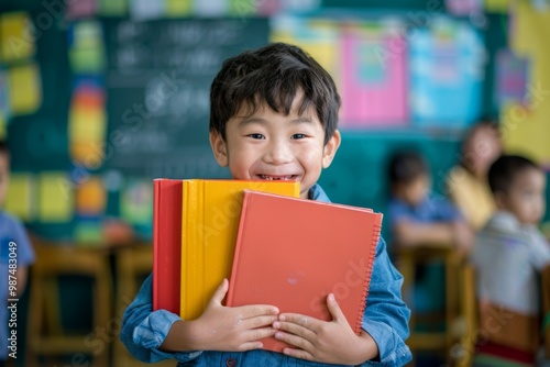 Happy student classroom holding colorful books and smiling warmly. Boy grinning widely holding colorful books vibrant classroom. Innocence of childhood fused excitement of discovery.