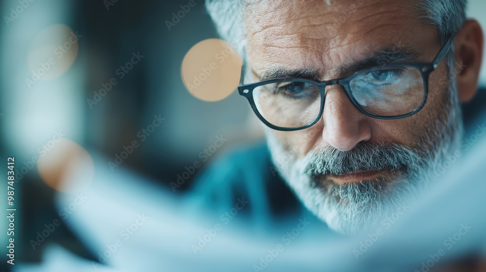 An elderly man with a focused expression intently reading, wearing glasses, illustrating wisdom and contemplation in a serene and introspective atmosphere. An elderly man with a focused expression intently reading, wearing glasses, illustrating wisdom and contemplation in a serene and introspective atmosphere.