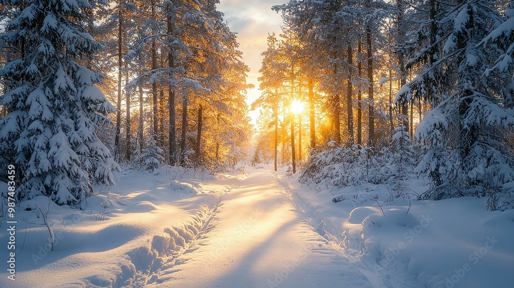 The sun shines through the trees on a snow-covered path in a snow-covered forest The sun shines through the trees on a snow-covered path in a snow-covered forest
