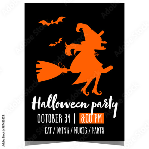 Halloween party invitation with orange evil witch flying on her broom surrounded by bats on black background. Vector poster or banner for All Saints' Eve celebration and Trick or Treat event.