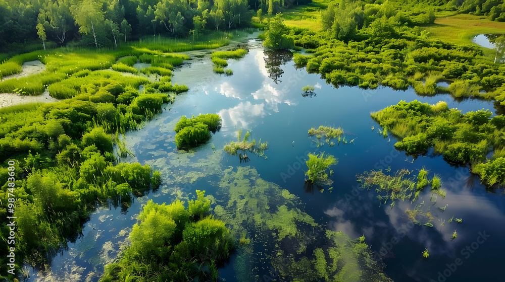 Fototapeta premium Aerial View of a Lush River Landscape with Sky Reflection