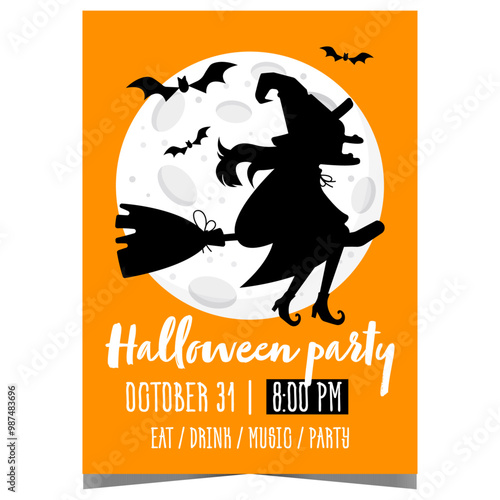 Halloween party poster or banner with witch flying on her broom and bats against the full moon. Vector invitation for scary and horror event to celebrate the All Saints' Eve.