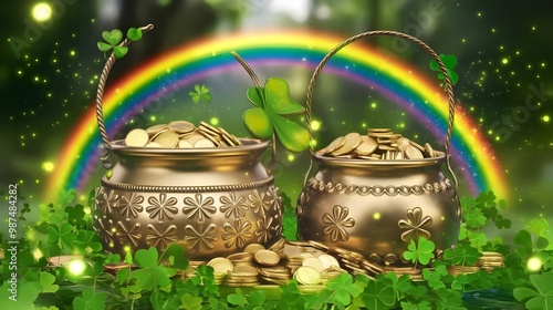 Golden Pots of Gold Coins with Rnbow and Shamrocks for St  Patrick s Day photo