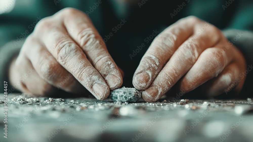 Close-up of hands handling a rough gemstone among scattered mineral samples on a surface, reflecting attention to detail in the process of gemstone evaluation or sorting. Close-up of hands handling a rough gemstone among scattered mineral samples on a surface, reflecting attention to detail in the process of gemstone evaluation or sorting.