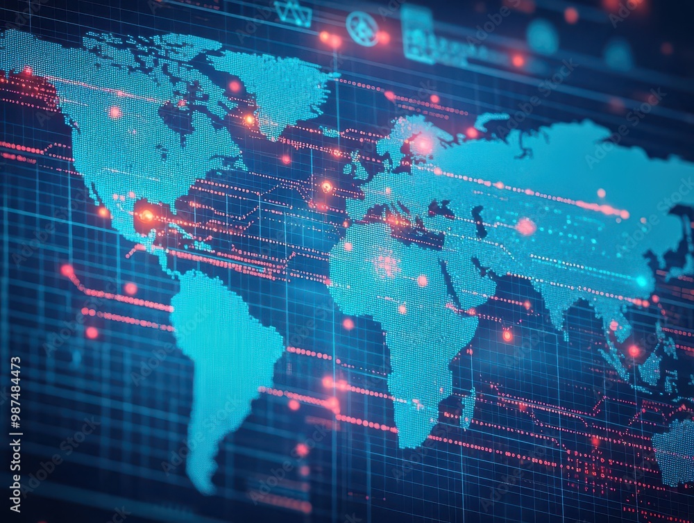 A bird seye view of a global map where leads are marked as glowing dots, with data flows connecting different regions, symbolizing international lead generation A bird seye view of a global map where leads are marked as glowing dots, with data flows connecting different regions, symbolizing international lead generation