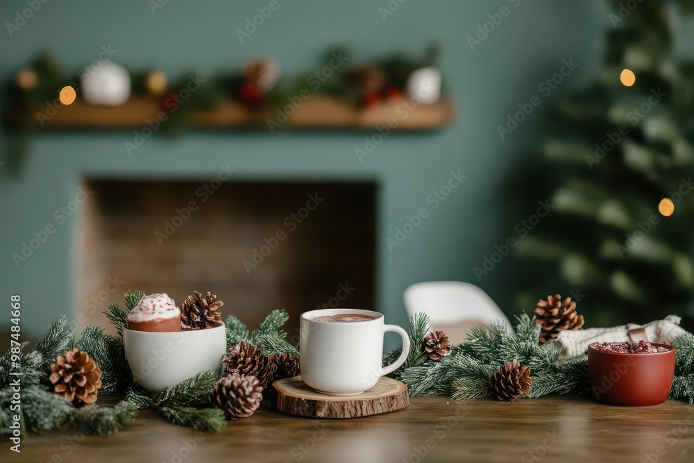 A cozy winterthemed event with a fireplace, hot cocoa bar, and pine decorations, Rustic, Warm Lighting, Watercolor A cozy winterthemed event with a fireplace, hot cocoa bar, and pine decorations, Rustic, Warm Lighting, Watercolor