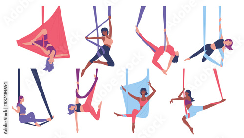 Girls training aerial yoga poses set. Young female characters flying, hanging in hammock, stretching body with ribbon, flexibility on healthy air acrobatics workout in gym cartoon vector illustration