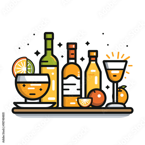 A row of drinks and glasses on a table, including a bottle of wine, a bottle of orange juice, and a bottle of vodka