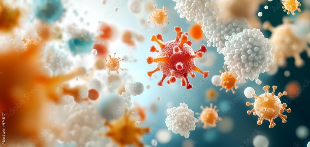 Microscopic view of colorful virus and bacteria on a blurred background. Microscopic view of colorful virus and bacteria on a blurred background.