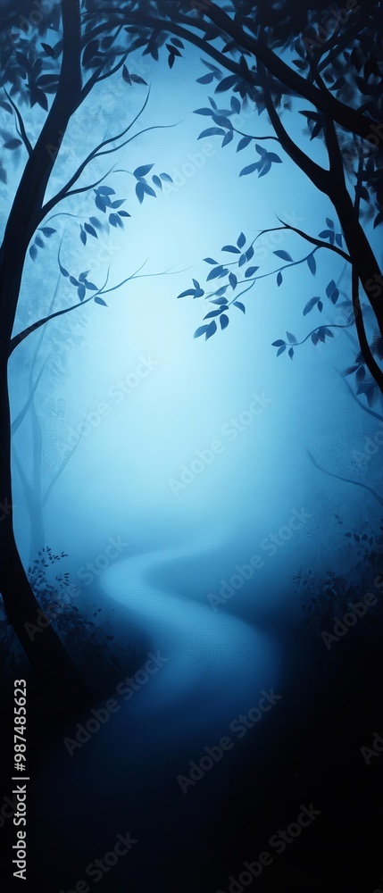 Naklejka premium Misty pathway through trees in a serene blue forest atmosphere.