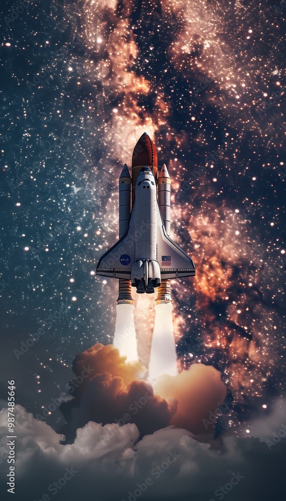 Stunning realistic image of a space shuttle poised for launch against the majestic milky way galaxy Stunning realistic image of a space shuttle poised for launch against the majestic milky way galaxy