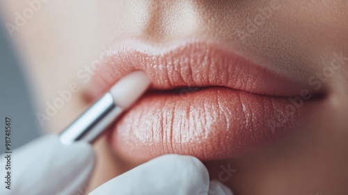 Close-up view of a person applying lip balm gently on their lips, highlighting the care and attention taken to maintain soft, hydrated lips with precise makeup application. photo