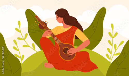 Indian woman playing melody on sitar. Young lady in red saree sitting with traditional Indian guitar to play, female musician with classic musical instrument of India cartoon vector illustration