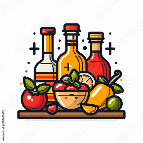 A bottle of olive oil sits next to a bowl of tomatoes and a bottle of hot sauce. Concept of freshness and health, as the fruits and vegetables are depicted in a natural setting