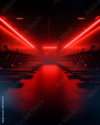 Modern gym interior with red neon lights and exercise equipment, dramatic ambiance photo