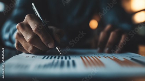 A person is holding a pen and writing on a graph paper at a desk with focused intent, suggesting analytical or clerical work in a professional setting.