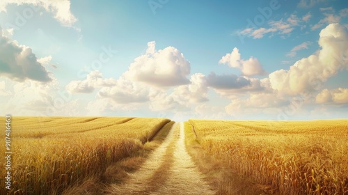 Charming rural landscape featuring a golden field pathway with cornfields and freshly tilled land