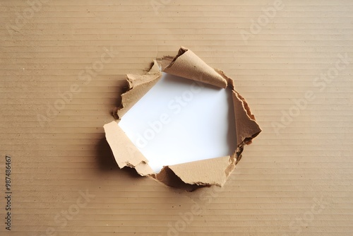 Irregularly torn hole in textured brown cardboard, revealing blank white space, raw tactile feel photo