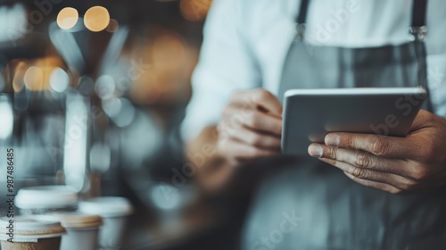 A barista is holding a digital tablet in a modern cafe, illustrating the integration of technology in everyday work and the contemporary coffee shop environment.