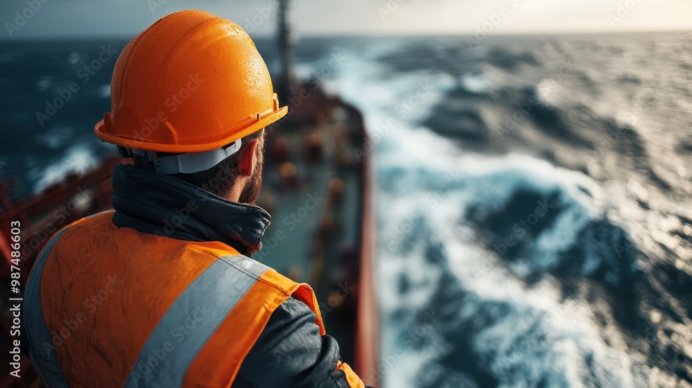 A worker in safety gear stands on the deck of a ship, observing the turbulent ocean waves and ensuring safety procedures are followed during maritime operations. A worker in safety gear stands on the deck of a ship, observing the turbulent ocean waves and ensuring safety procedures are followed during maritime operations.