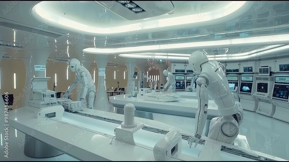 Advanced automated battery production line with robotic arms assembling lithium-ion cells on conveyor belt. Skilled workers in protective gear supervising high-tech manufacturing process. Industrial i Advanced automated battery production line with robotic arms assembling lithium-ion cells on conveyor belt. Skilled workers in protective gear supervising high-tech manufacturing process. Industrial i