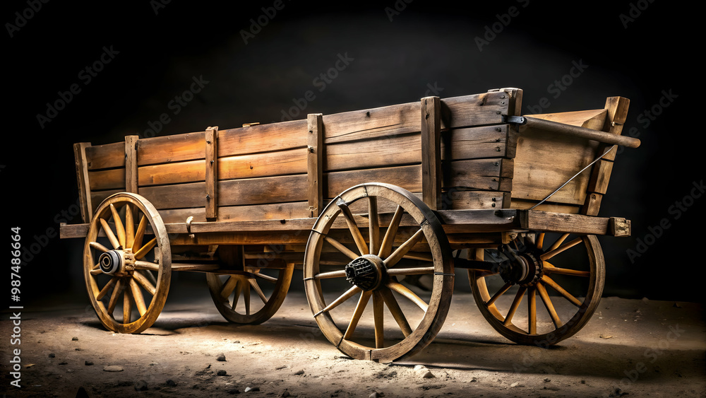Fototapeta premium an old wooden cart wagon with cracked wooden panels and metal hardware, set against a pitch-black background. The cart is illuminated from the side, revealing the textures and history of the wood.