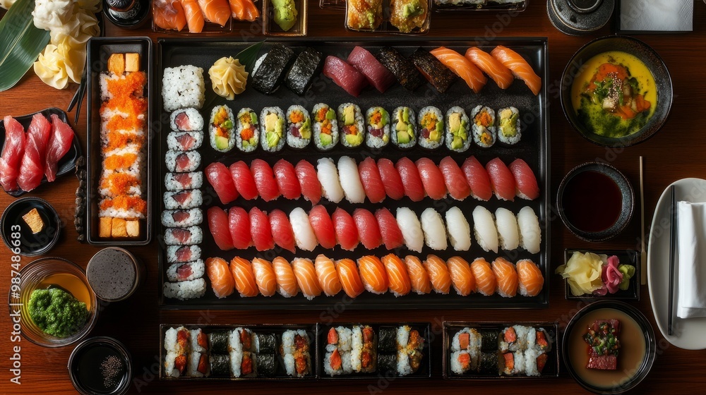An overhead view of a sushi bar table with colorful rolls, nigiri, miso soup, and sake, offering a full traditional Japanese dining experience. An overhead view of a sushi bar table with colorful rolls, nigiri, miso soup, and sake, offering a full traditional Japanese dining experience.